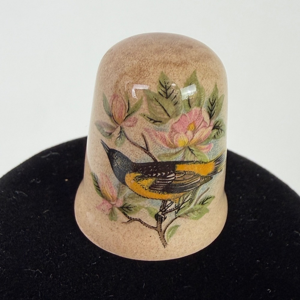 Staffordshire England Bone China Thimble Blue Jay Oriole Bird Floral Vintage